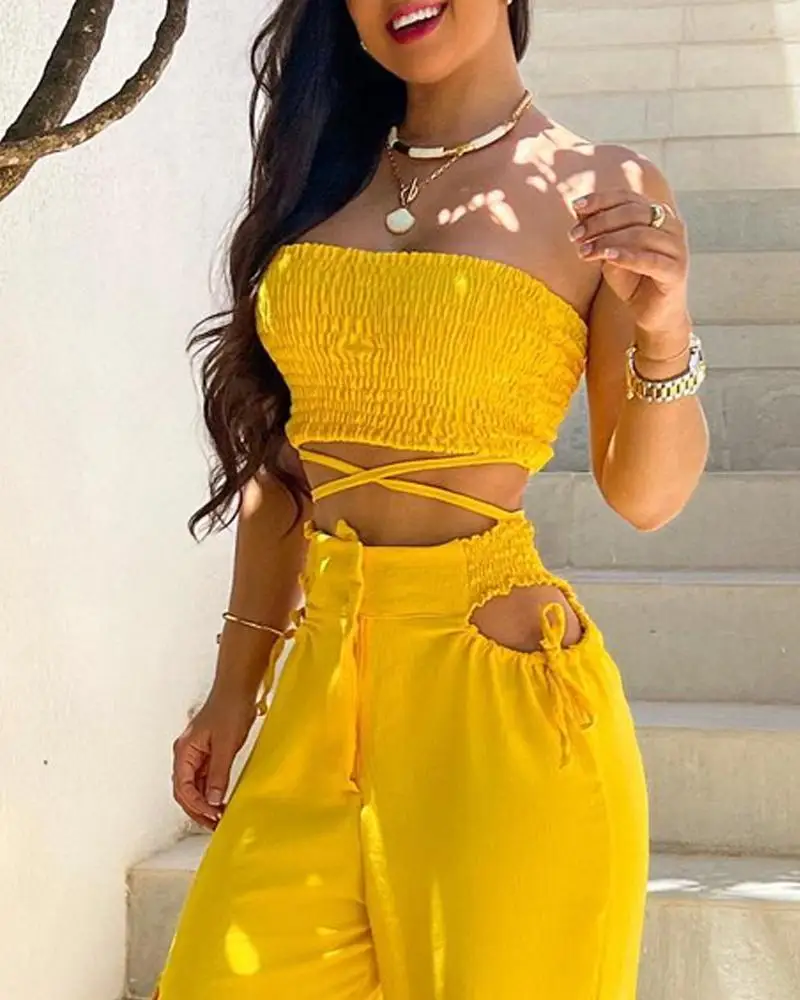 Women's Crisscross Shirred Crop Tube Top and Cutout Monochromatic Pants Set Summer 2023