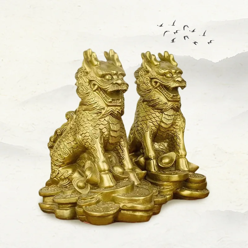 A Pair Of Small, Pure Brass Qilin Figurines, Perfect Decorating Homes, Living Rooms, Shops, And Offices, Especially For Open