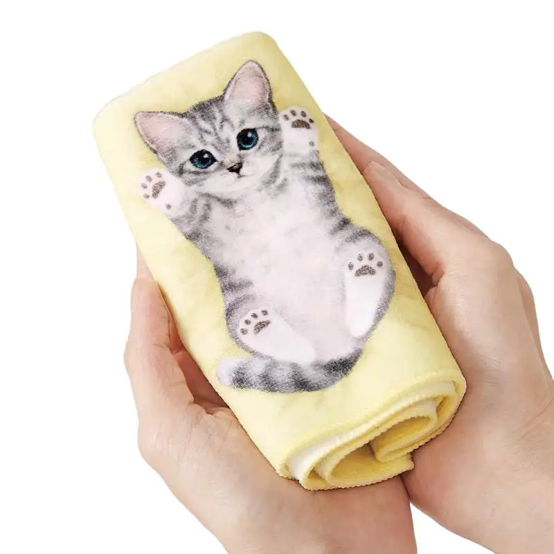 Portable Bath Hand Towels Cute Cat Pattern Square Towel Pocket Hand Towel Small Handkerchief For Kitchen Bathroom Gym Beach