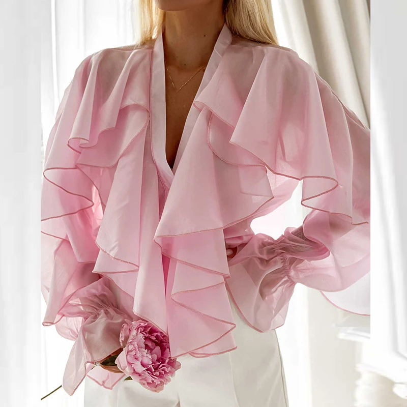 

Новая повседневная свободная блузка-топ из шифона с V-образным вырезом и длинными рукавами, офисная футболка, весна-лето 2026, с рюшами, женская рубашка