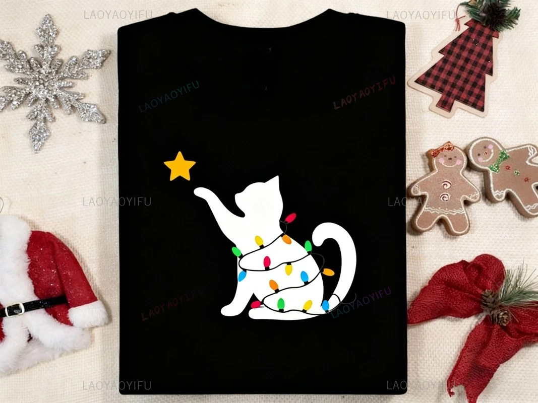 

Christmas Cat Lights Hoodie Christmas Cat Sweater Cute Xmas Cat Funny Pattern Hoodie Xmas Light Printing Sweatshirt Hoodie