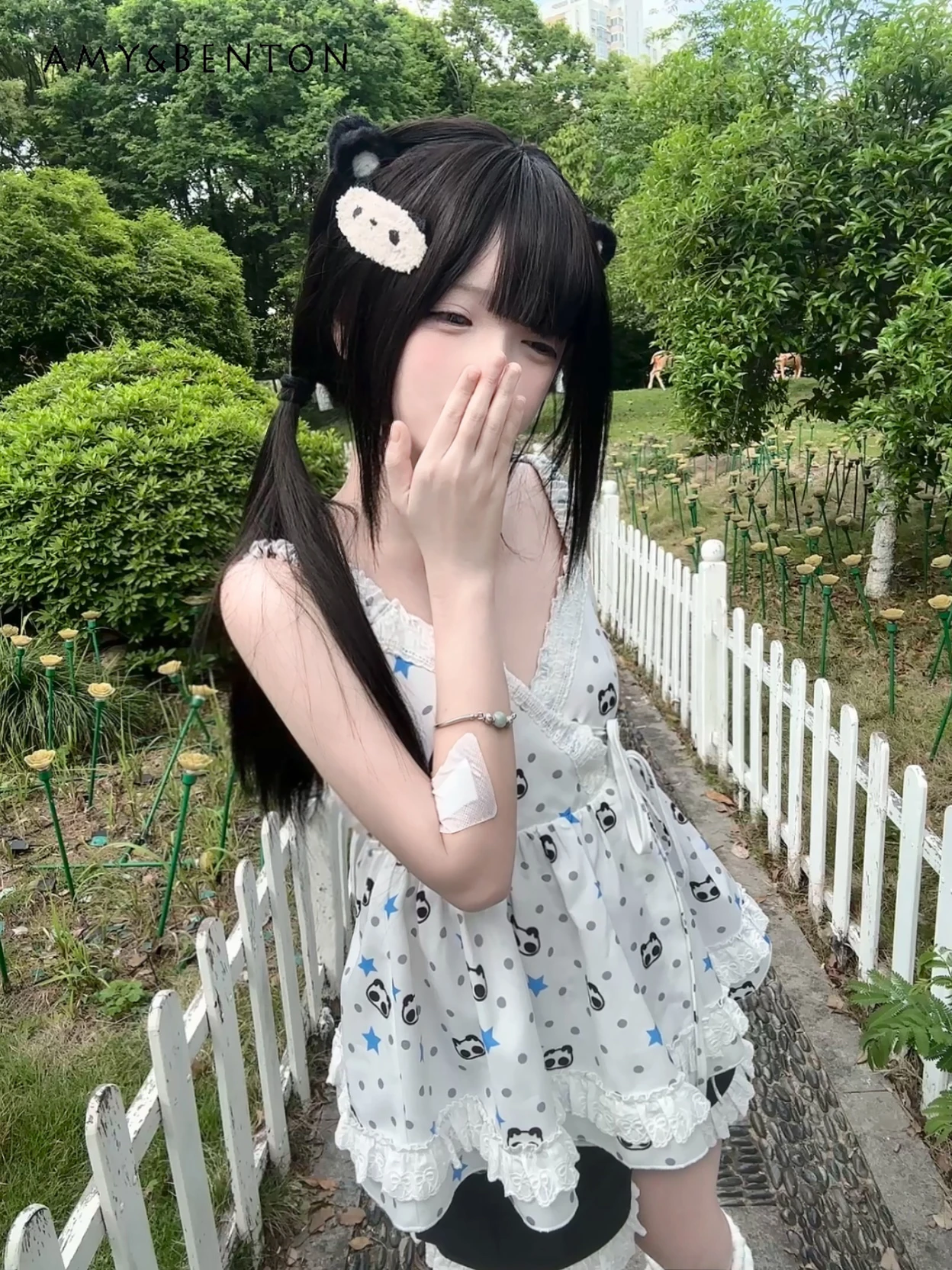 Été Original mignon dessin animé imprimé dentelle Patchwork sangle cravate gilet dentelle taille élastique Shorts japonais chérie fille chaude ensembles