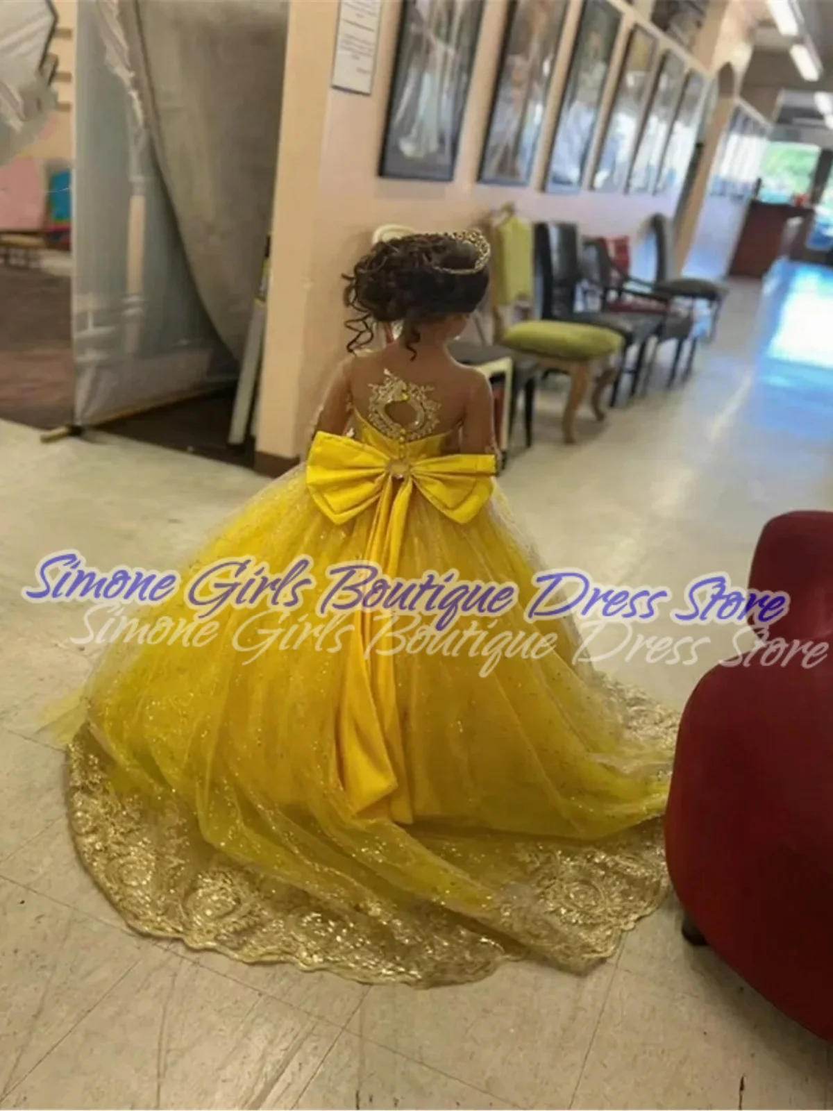 Embroidery Fluffy Puff sleeves yellow  princess dress Flower Girl Dress for Birthday party Formal Receptions Dance Performances