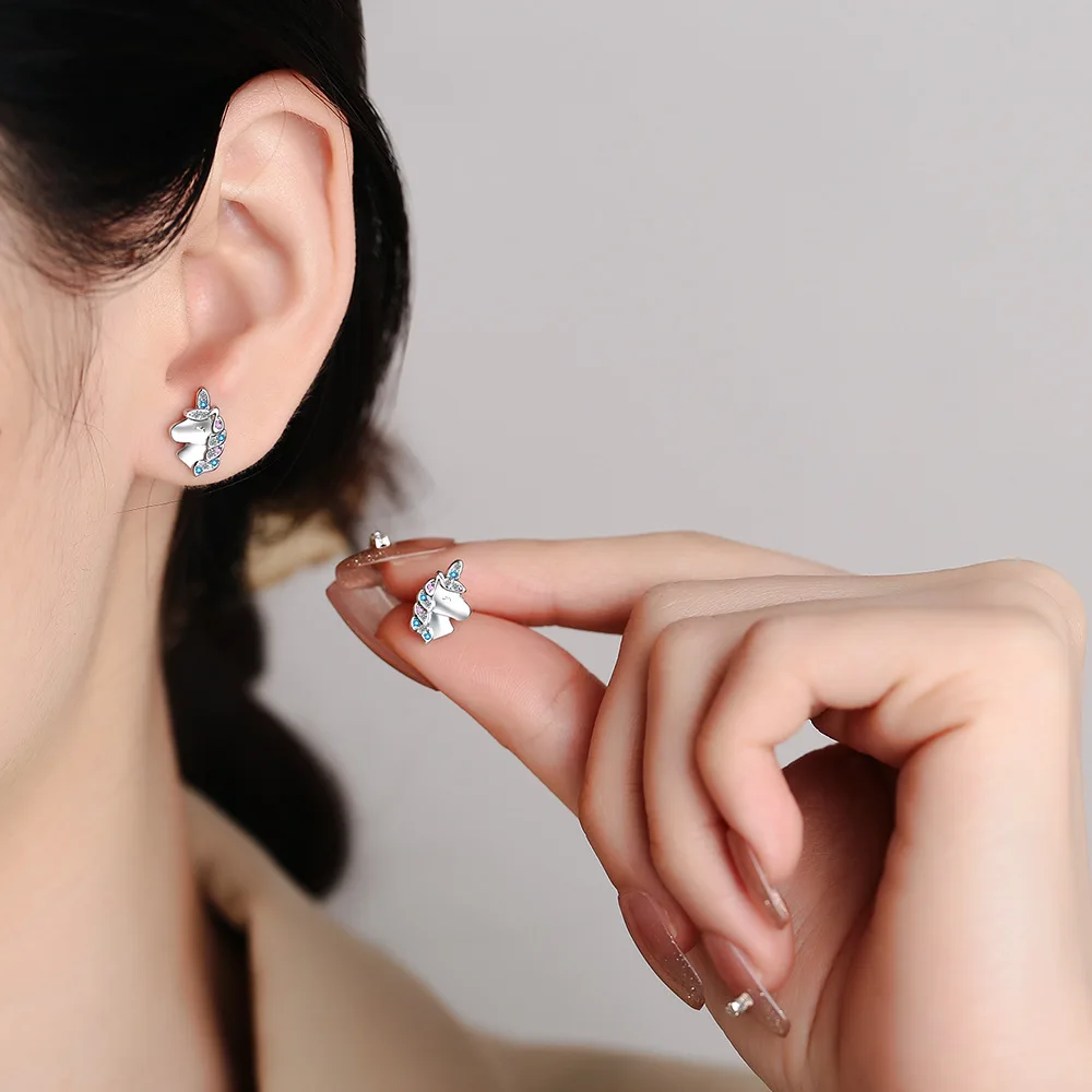 925 Sterling Silver Cute Unicorn Rainbow Stud Earrings For Women Girls Studants Friends Party Jewelry Gift Female Pendientes