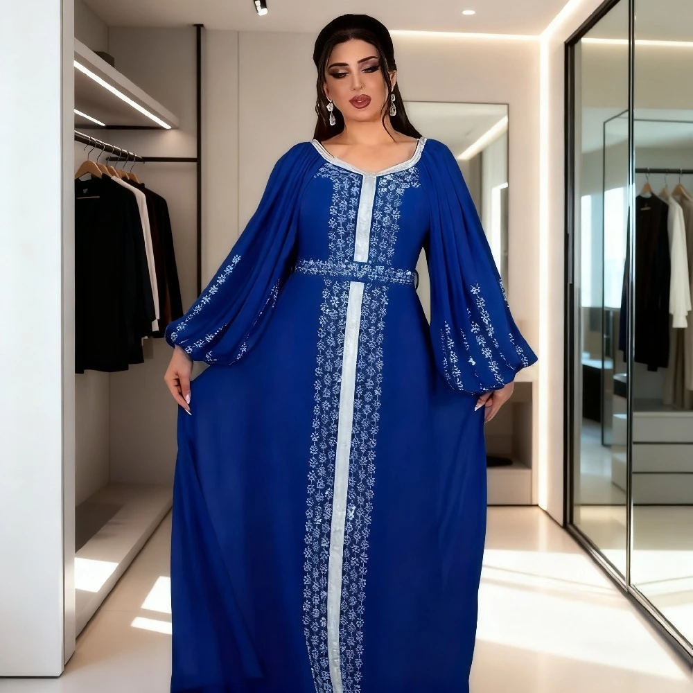 Muslim Women Party Dresses Chiffon Sequins Jalabiya Ramadan Eid Morocco Islam Sashes Vestidos Arab Long Robe Dubai Kaftan Abaya