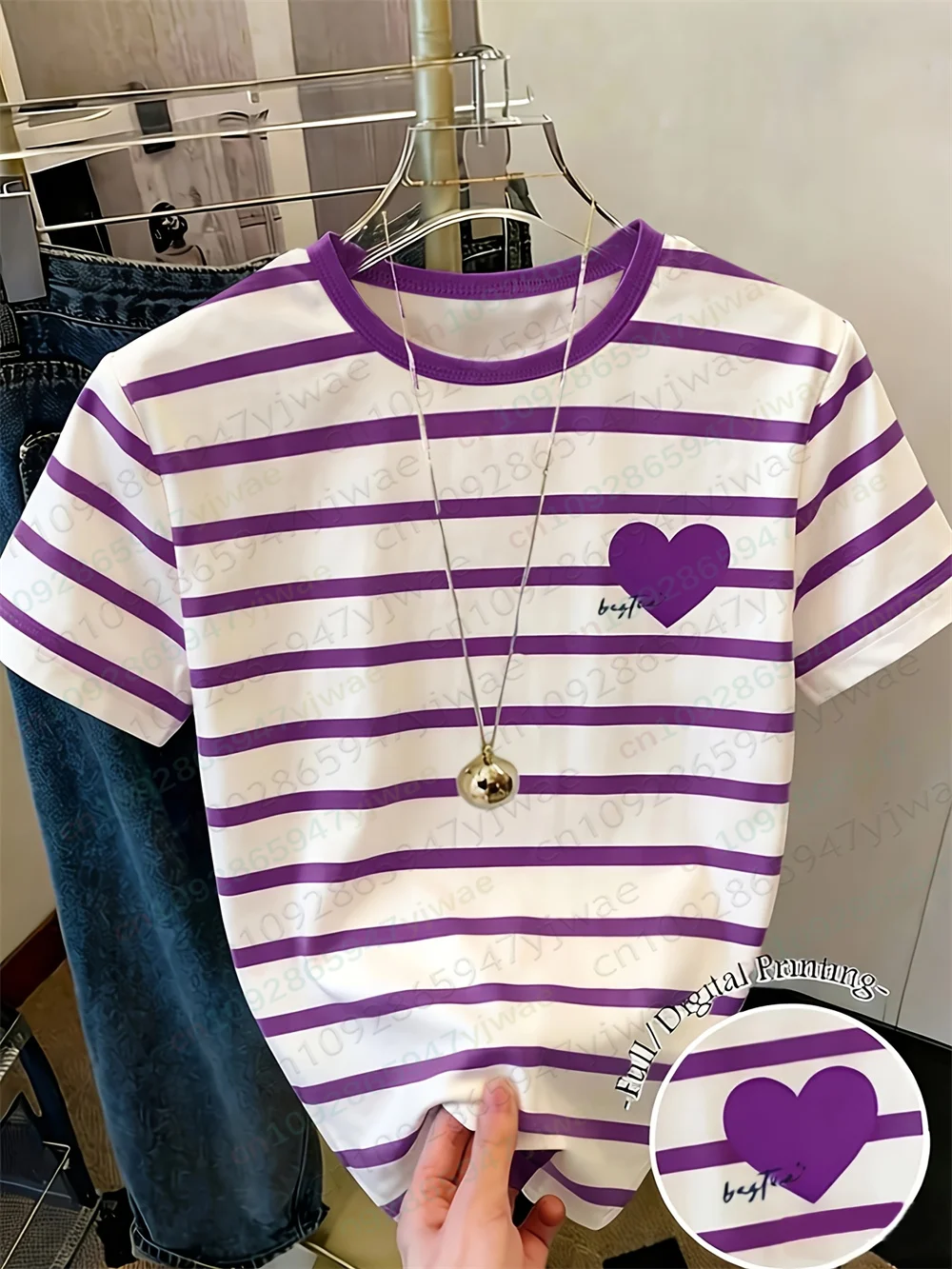 Love Print Half Sleeved Casual Round Neck Quick Drying T-Shirt With Contrasting Stripes Short Sleeved Summer Women'S T-Shirt