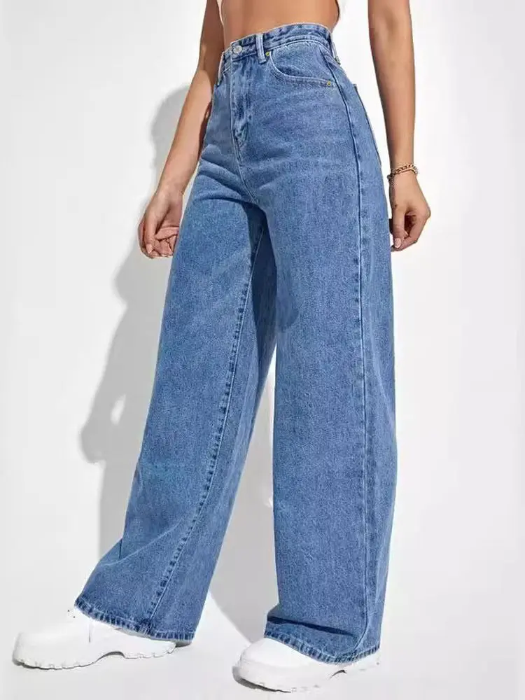 Jeans a gamba larga a vita alta Jeans da donna a gamba dritta Casual Sle jeans a vita alta elasticizzati a metà per ragazze Stagione primaverile Vestibilità ampia