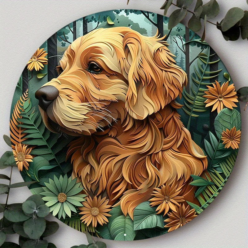 

Aluminum Metal Sign, 2D Flat Circular Wreath Logo, Tavern Club Home Scene Decoration, Golden Retriever, Decorative Wall Poster