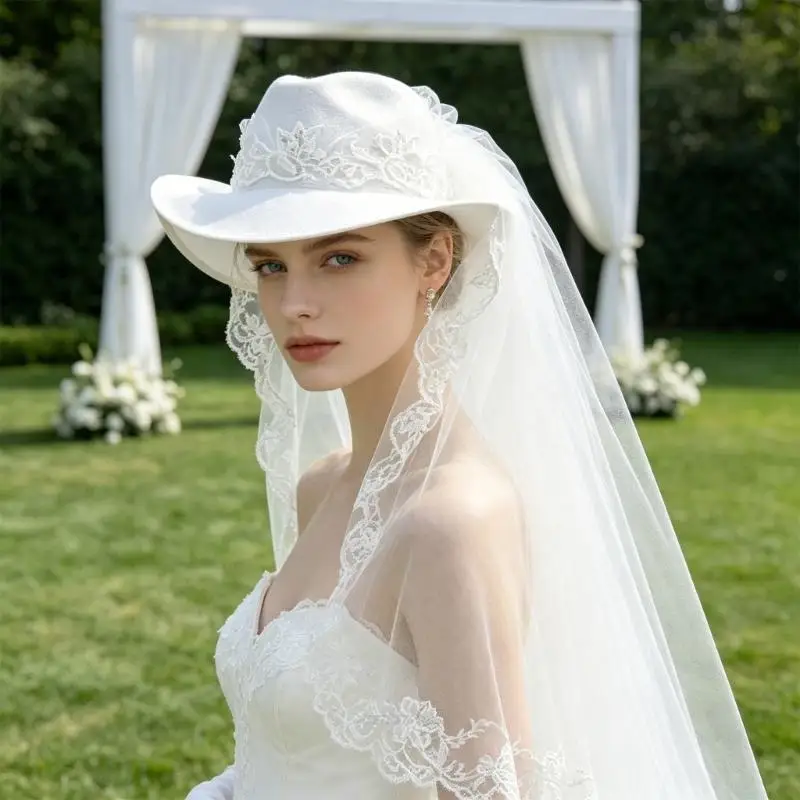 X5XA White Cowboy Cap With Embroidery Flower Veil Perfect for Wedding Unique Cosplay Accessory for Modern Wedding Ceremony