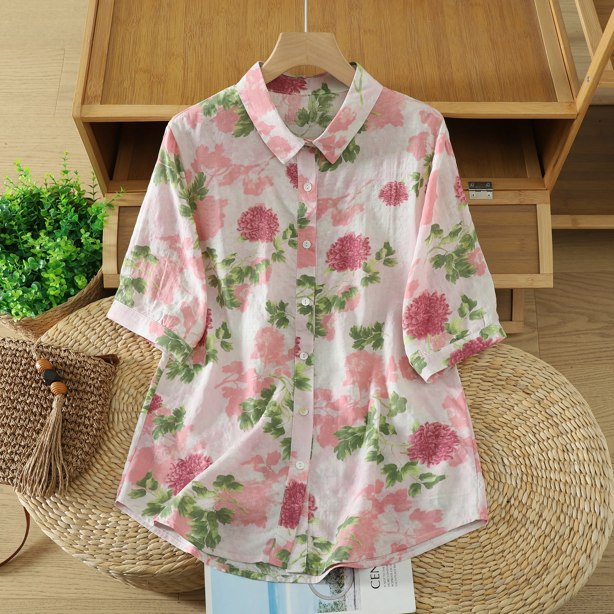 

Ladies Summer Casual Short Sleeve Shirt Collared Floral Print Single Button Versatile Top Pink Cotton Blend Comfortable Fit