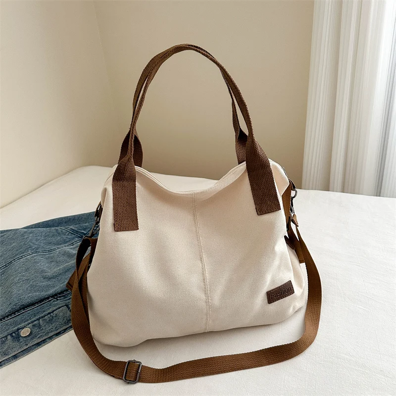 Casual Large Capacity Canvas Tote Bag Fashionable Single Shoulder Bag Simple Match All Purpose Student Class Bag Daily Use
