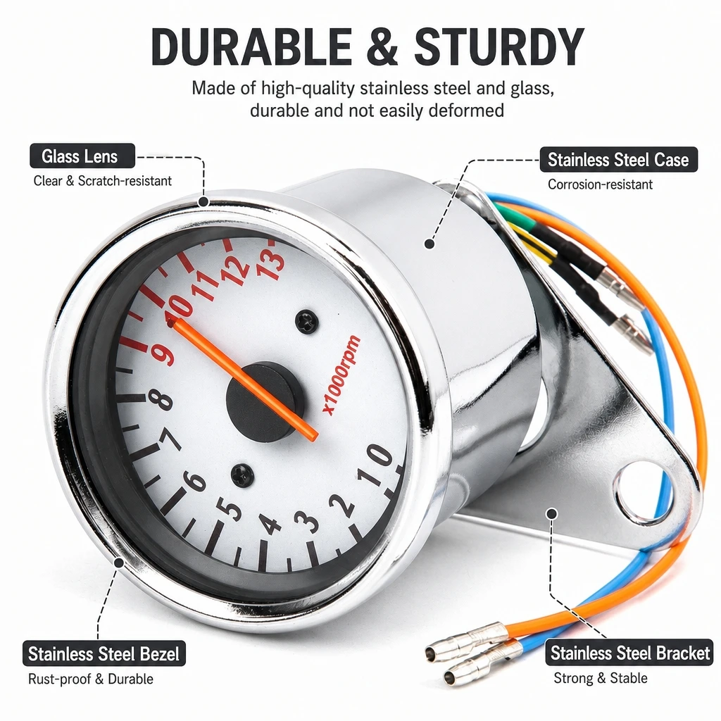 12V Universal Motorcycle Electronic Tachometer 0‑13000RPM Pointer Type 5‑Wire Retro Modified RPM Gauge White Dial