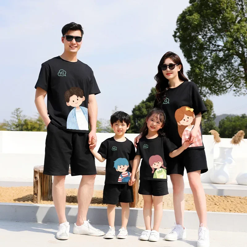 Family Matching Outfits Cotton T-shirt Kids Mother Daughter Clothes Cute Cartoon Tops Parent-child Outfits Summer Casual Tees