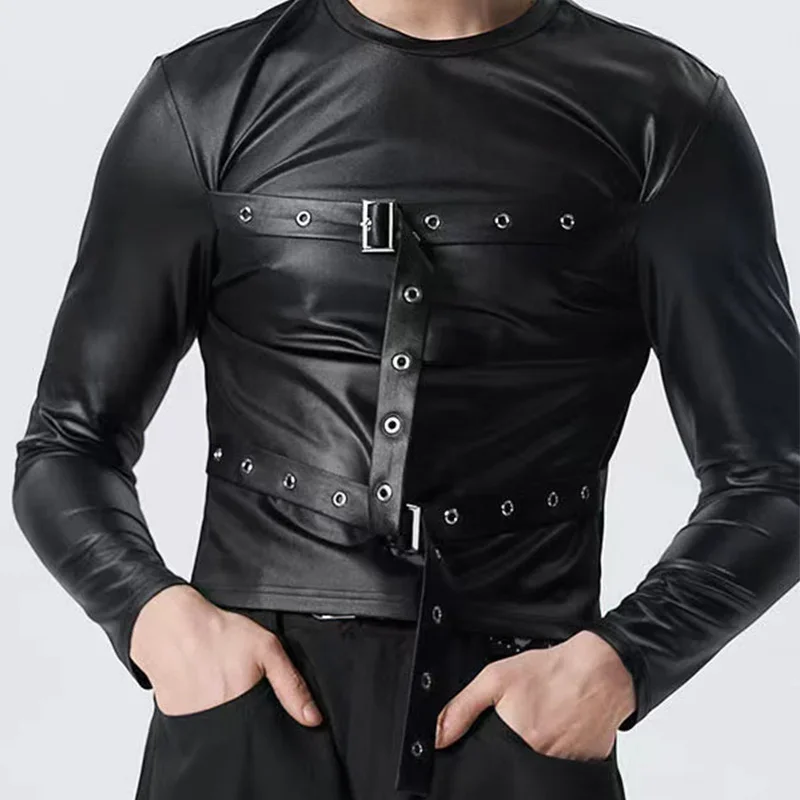 Sexy Fashion Mens Black Matte Fake Leather T-Shirt Belt Decoration PU Slim Tops Simple Casual Streetwear Male Custom Winter 2023