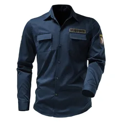 4 Colors!Autumn New Men's Shirts Multi Pocket Arm Badge Embroidery Design Long Sleeve Polo Neck Military Style Shirt