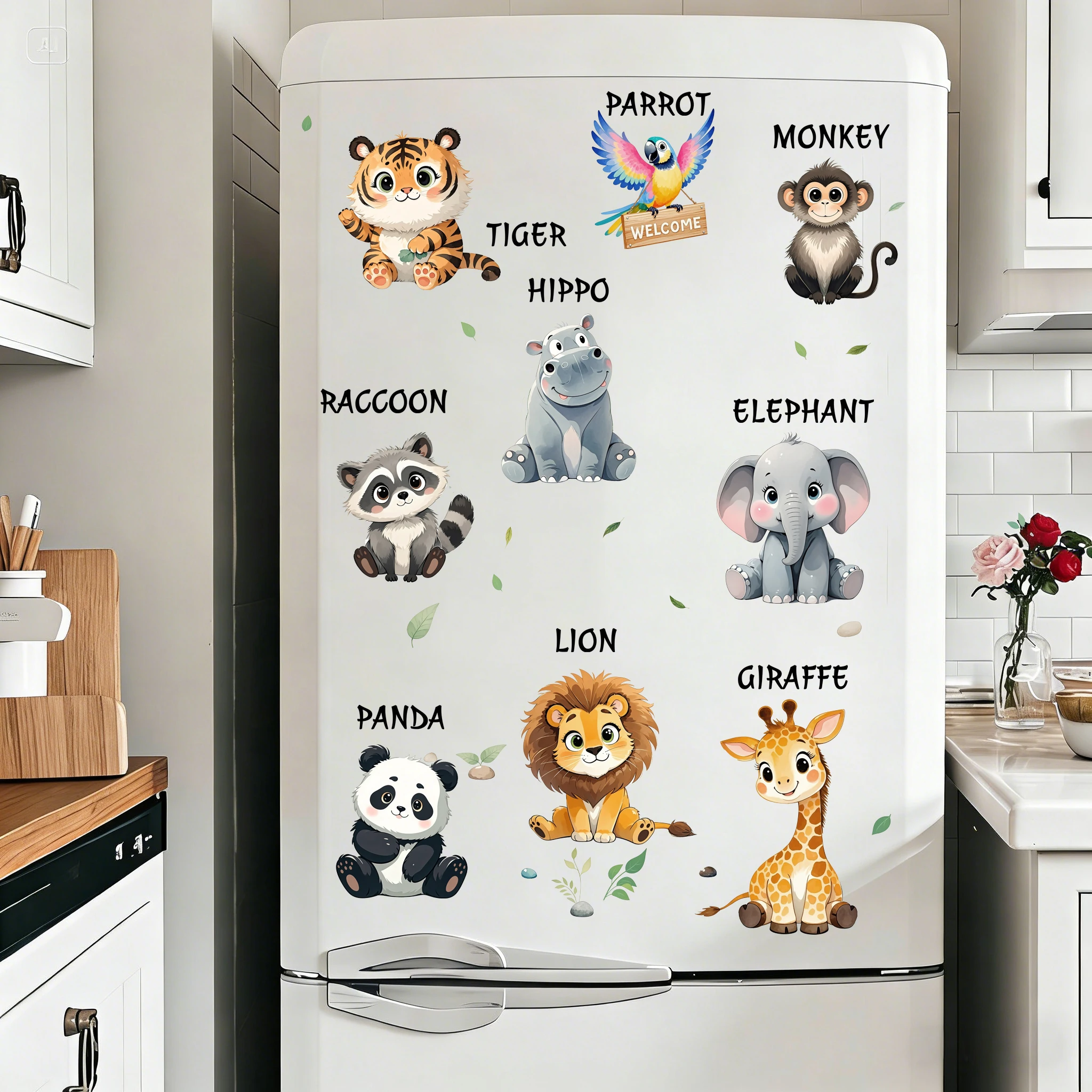 Cute Safari Animal Learning Wall Decals Cartoon Forest Animals with Name Words Green Leaves Peel and Stick Kids Bedroom Wall Sti
