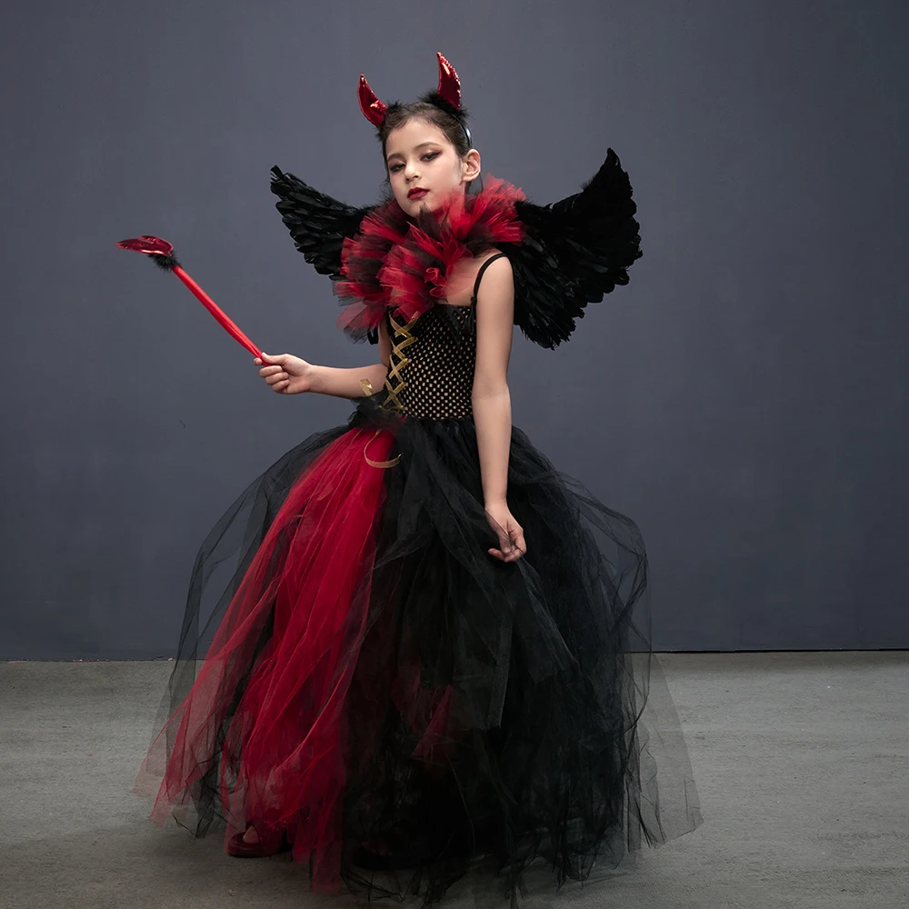 Little Girls Gothic Vampiress Costume Evil Queen Gown Tutu Dress for Halloween Cosplay Party Clothing Kids Fancy Dress Up Outfit