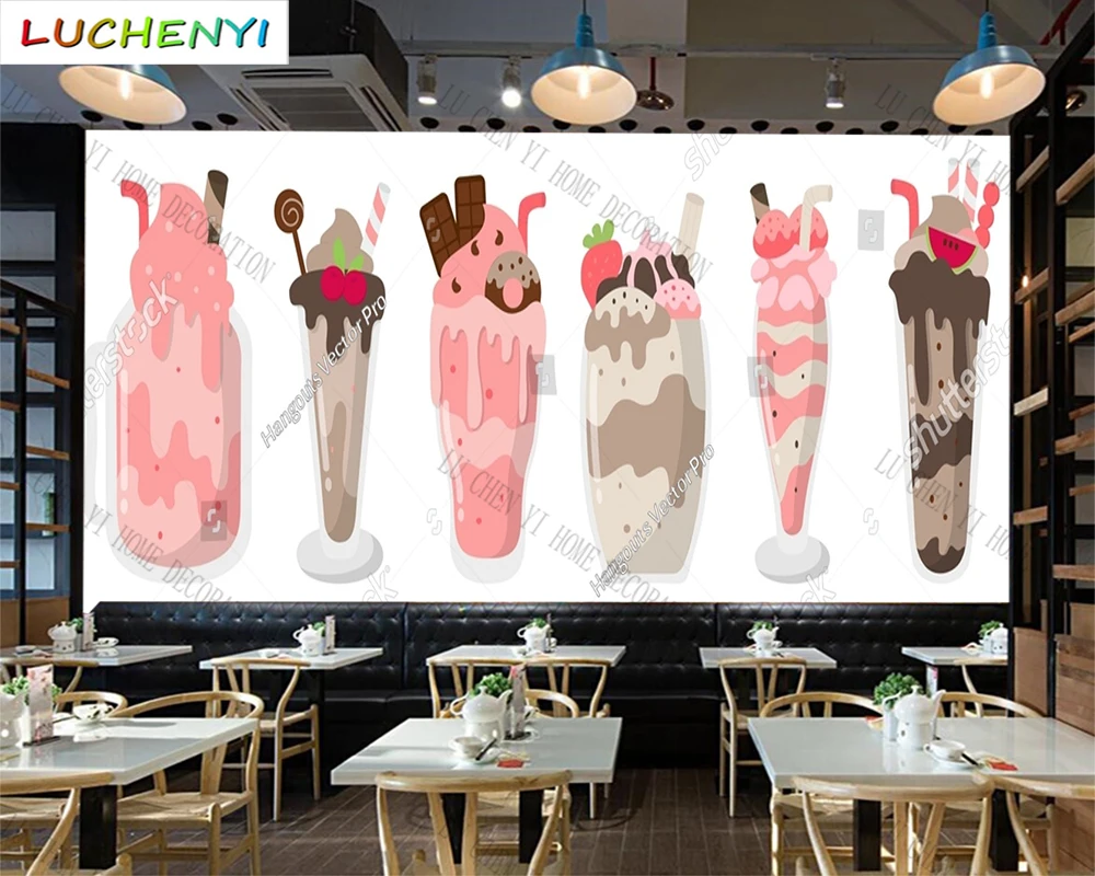 Custom ice cream milk shake bubble tea mural wallpaper restaurant cold drinking shop dining room wall papers home decor sticker