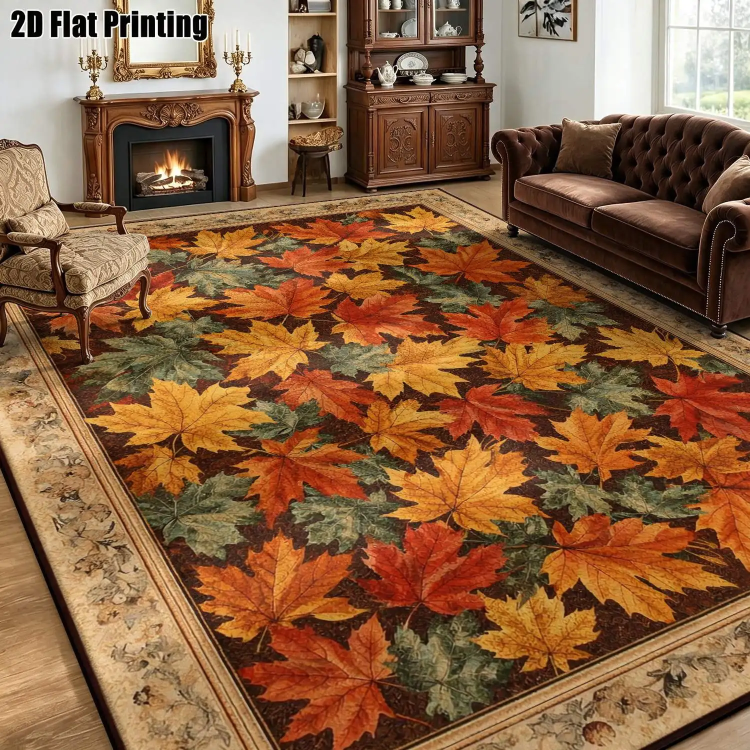1Pc 2D Printed Maple Leaf Pattern Vintage European Minimalist Home Carpet, Multi-Size, Machine Washable, for Living Room, Bedroom, Dining Room, Entrance, Study