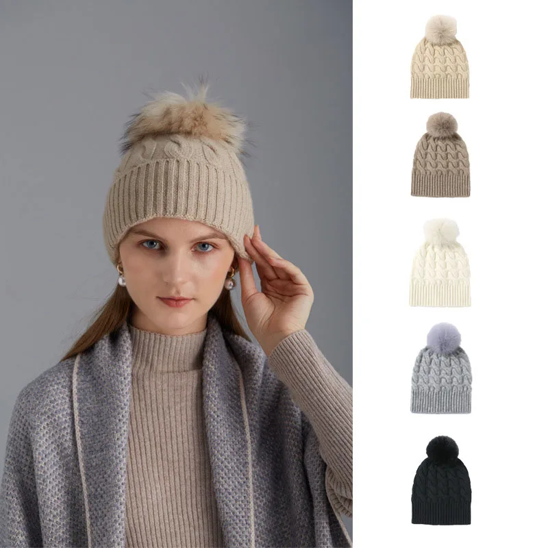 

Winter Beanie Hat For Women High Grade Pure Cashmere Woolen Soft Warm Skull Knitted Hat Fox Fur Furry Ball Twist Figure Hat