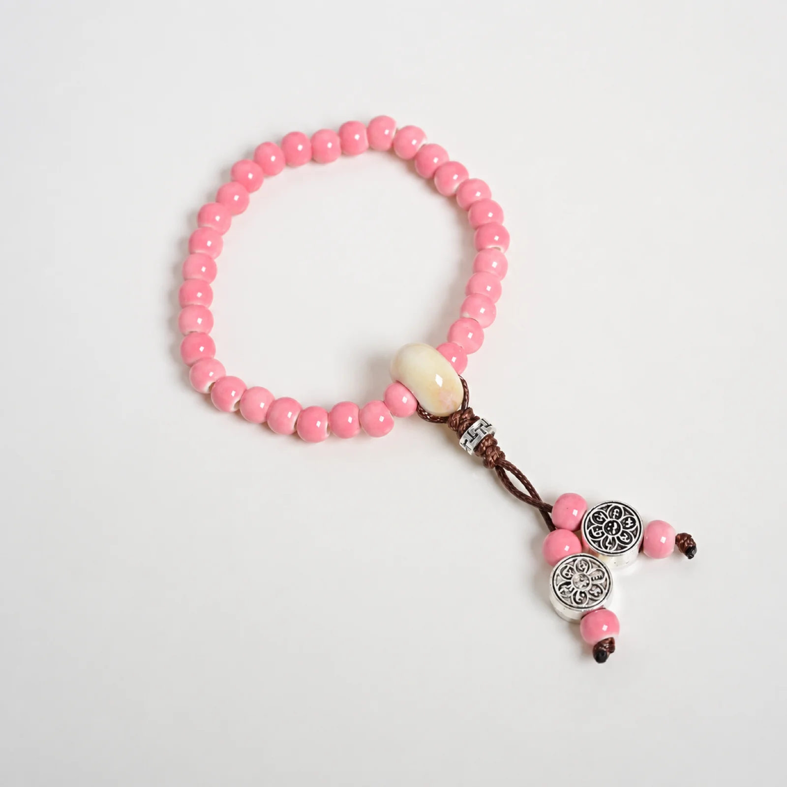 Handmade Ceramic Bead Bracelet Pink Beads Adjustable Elastic Cord Woven Waxed Thread Metal Accent Jewelry 609P1-05