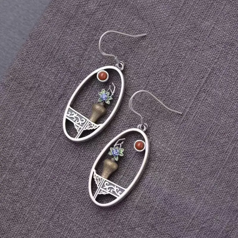 Colourful Flower Earring Designer Silver 925 Enamel Flower Earrings Hollow Circle Design Carved Pattern Dangle Earrings