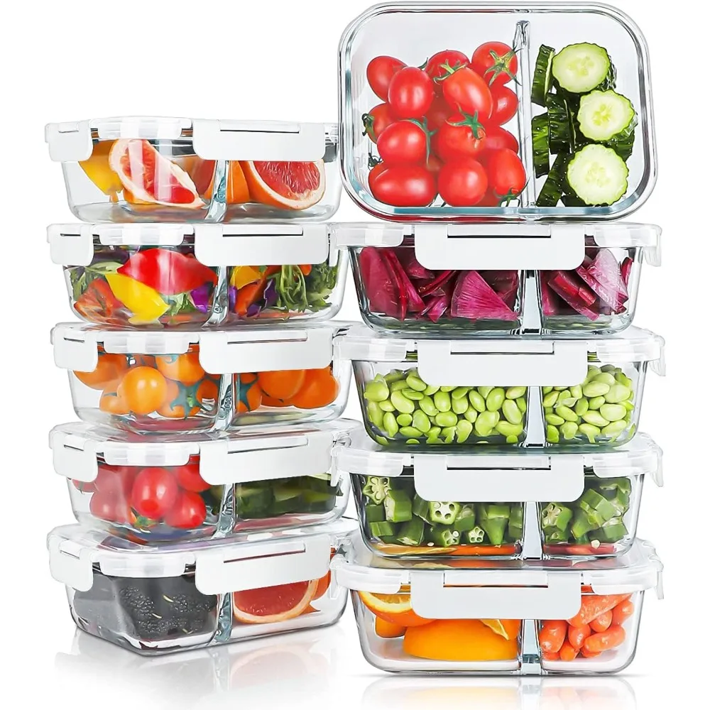 

KOMUEE 10 Packs 30oz Glass Meal Prep Containers 2 Compartments,Glass Food Storage Containers with Lids,Airtight Glass Lunch