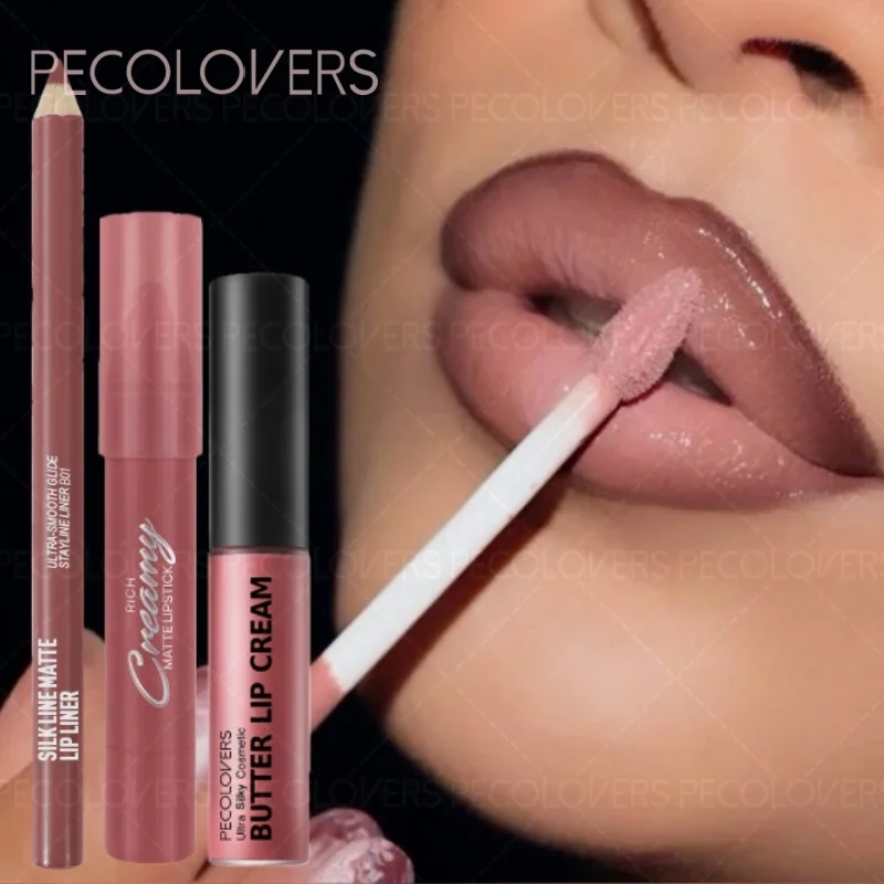3PCS/SET Long-Lasting Non-Stick lipstick pen&Waterproof Lipliner Pencil & Long-Lasting   Lip Oil Lip Gloss,Beginner-Friendly