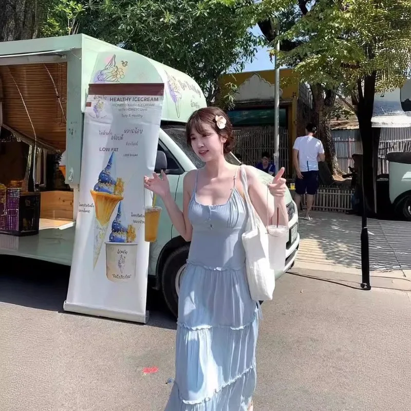 فستان نسائي طويل كشكش وردي ، فستان صيفي ، كوري ، فرنسي ، خرافية ، أنيق ، فستان سهرة أنيق ، بلا أكمام ، قصة ضيقة ، فستان كاميس جميل