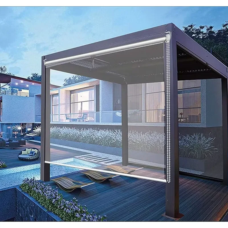 Waterproof Windproof Transparent Motorized PVC clear Outdoor Roller Blinds Roller Shades for Pergola Balcony Garage Terrace