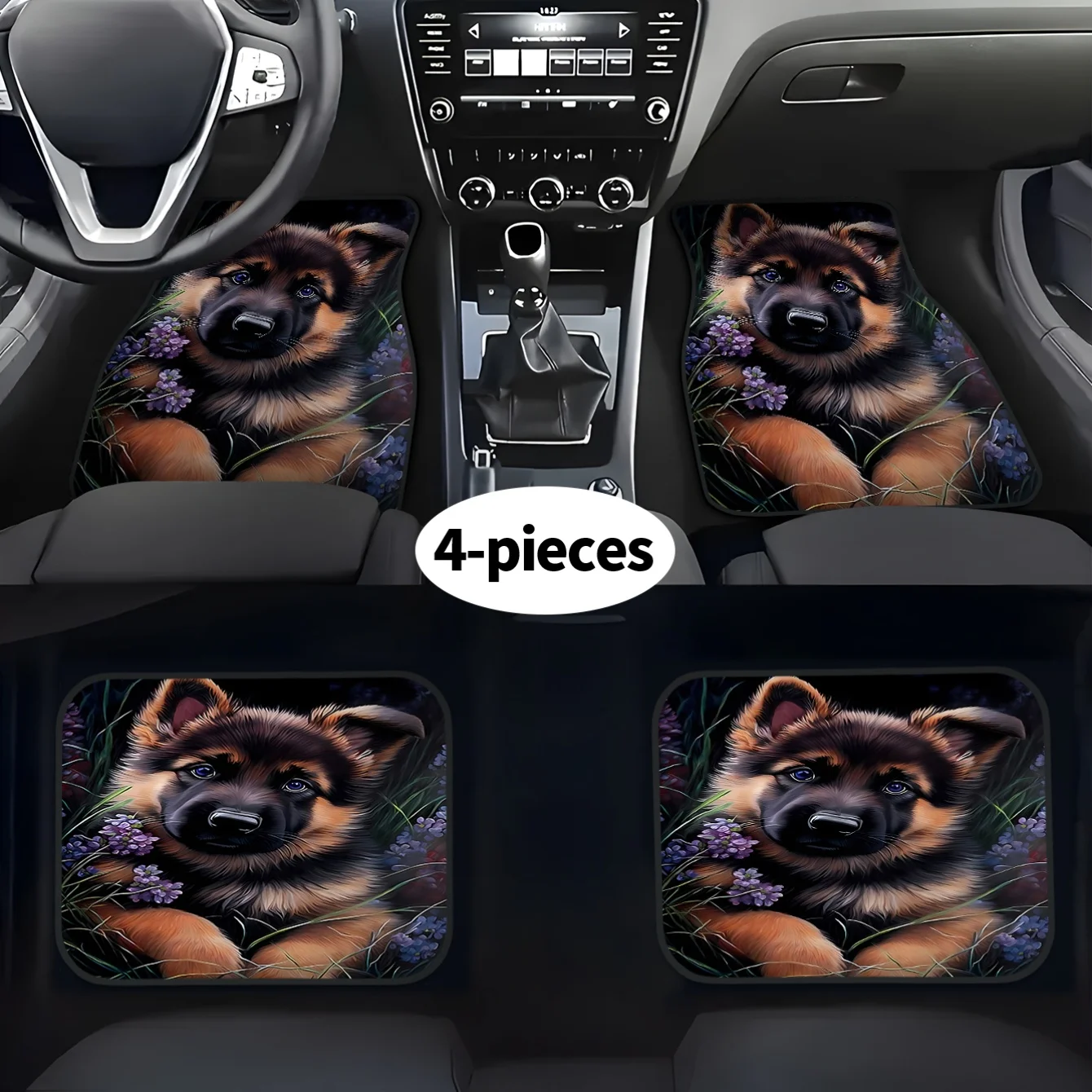 4pcs German Shepherd Puppy Print Car Floor Mats | Front And Rear Carpets, Washable Polyester Interior Additions For Cars, SUVs,