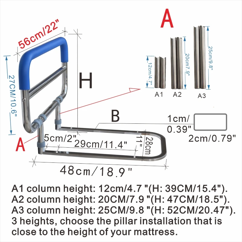 ارتفاع قابل للتعديل 304 السكك الحديدية بجانب السرير من الفولاذ المقاوم للصدأ مع مقبض دعم قابل للطي لتركيب تصميم رائع من السيليكون الناعم المضاد للانزلاق