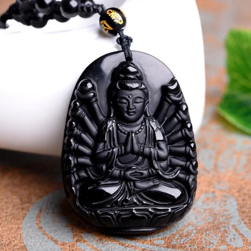 Obsidian Thousand-Armed Avalokitesvara Buddha Pendant Natural Jade Men and Women Avalokitesvara Ornaments Buddhist Amulets