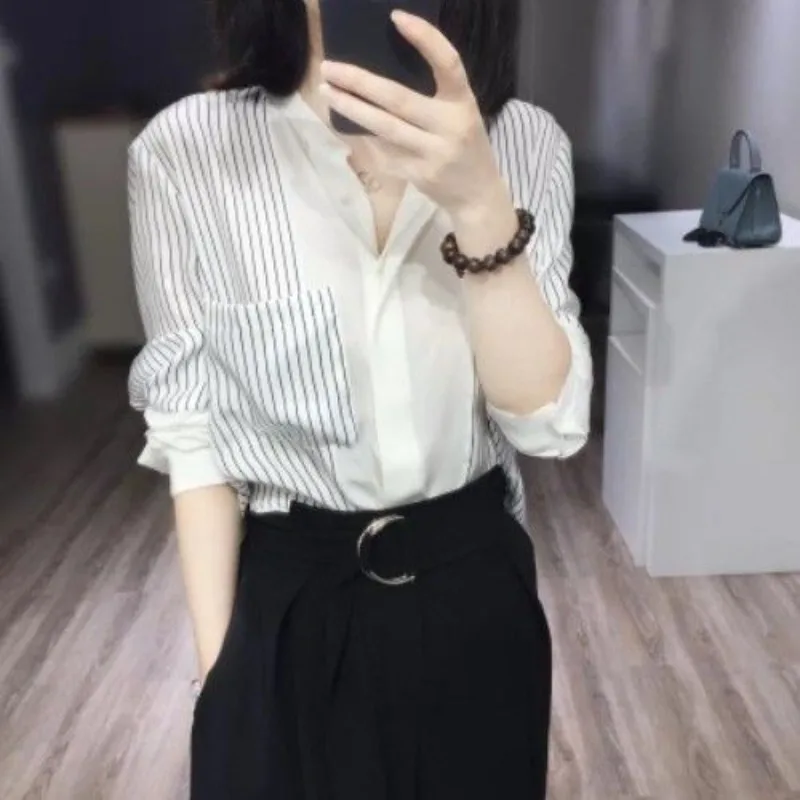 Shirts & Blouses for Women Full Long Sleeve Spring and Autumn Woman Top Chiffon Loose Striped Knit Y2k Youthful Stylish Xxl New