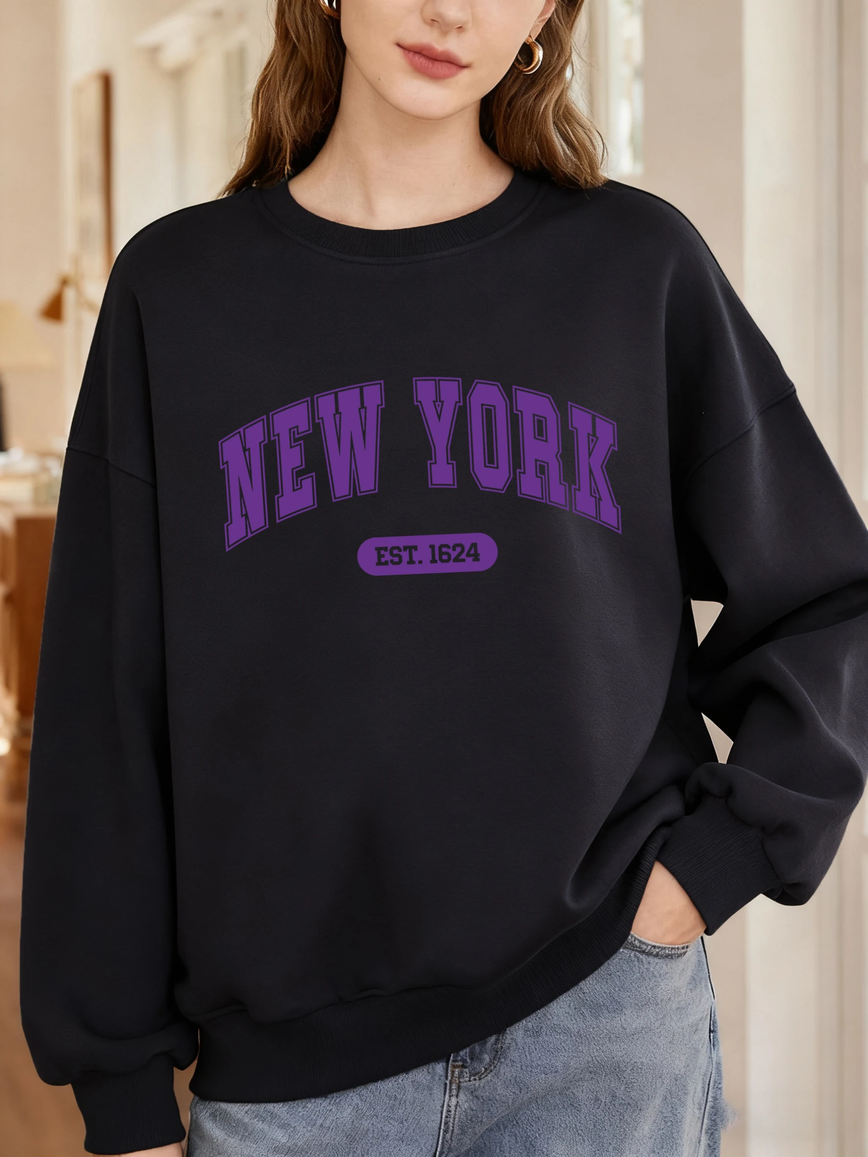 Jerséis con estampado de letras de Nueva York Est 1624, sudadera de gran tamaño para mujer, ropa informal Y2K de Hip Hop, ropa de calle con cuello redondo