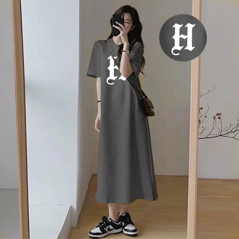 

Women Casual Short Sleeve Maxi Dress Gothic Letter H Print Loose Oversized Side Split Summer Long T Shirt Dress
