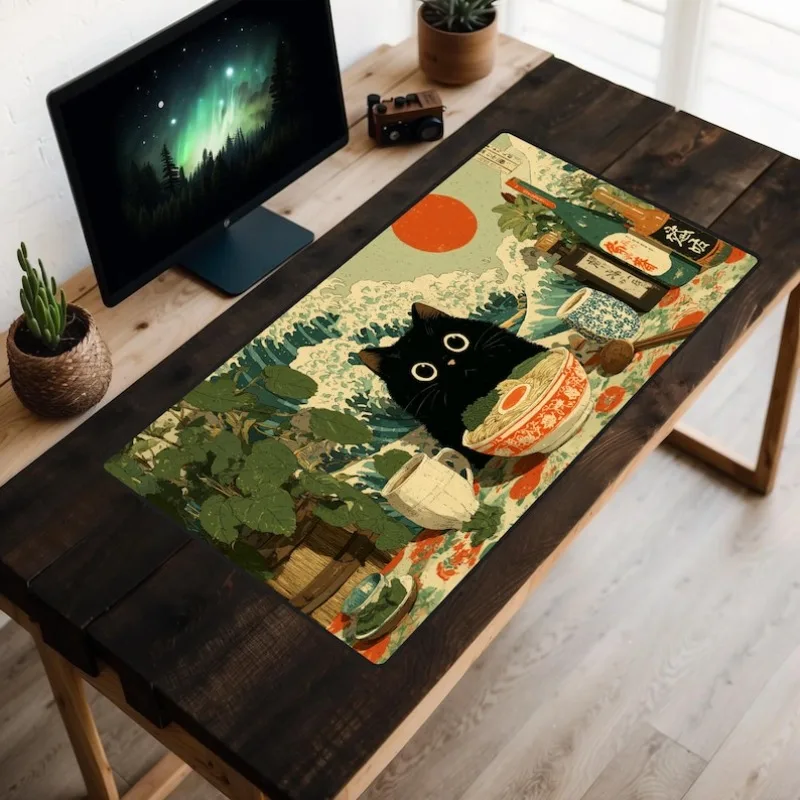 

Vintage Japanese Black Cat Ramen Mouse Pad Large Rubber Anti-slip Desk Accessories Mousepad for Offices&Gamer Keyboard Decor Mat