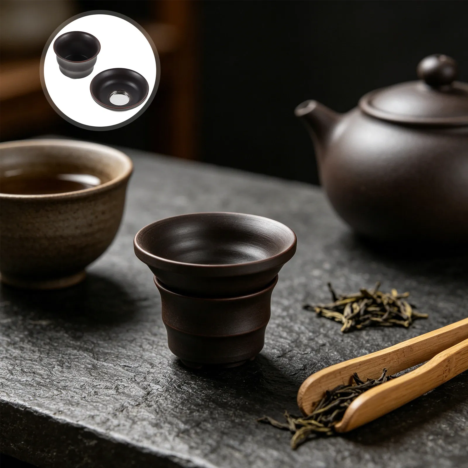 Chinese Traditional Purple Clay Tea Strainer Seamless Ceramic Filter for Gongfu Cup Set Tea Ceremony Home Brewing Dark Brown