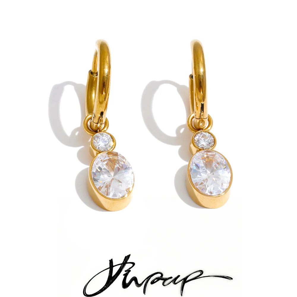 Yhpup Edelstahl-Ohrhänger mit glänzendem Zirkonia in Ovalform für Damen, modischer CZ-Schmuck für den Alltag.