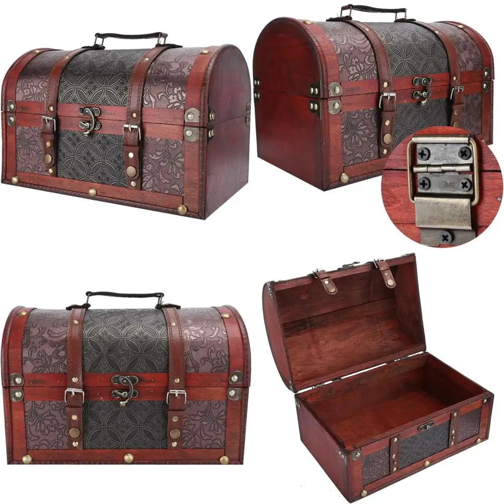 

Antique-Style Wooden Treasure Chest, Handcrafted Decorative Storage Box with Lock, Crafted Wooden Boxes for Collectibles and Kee