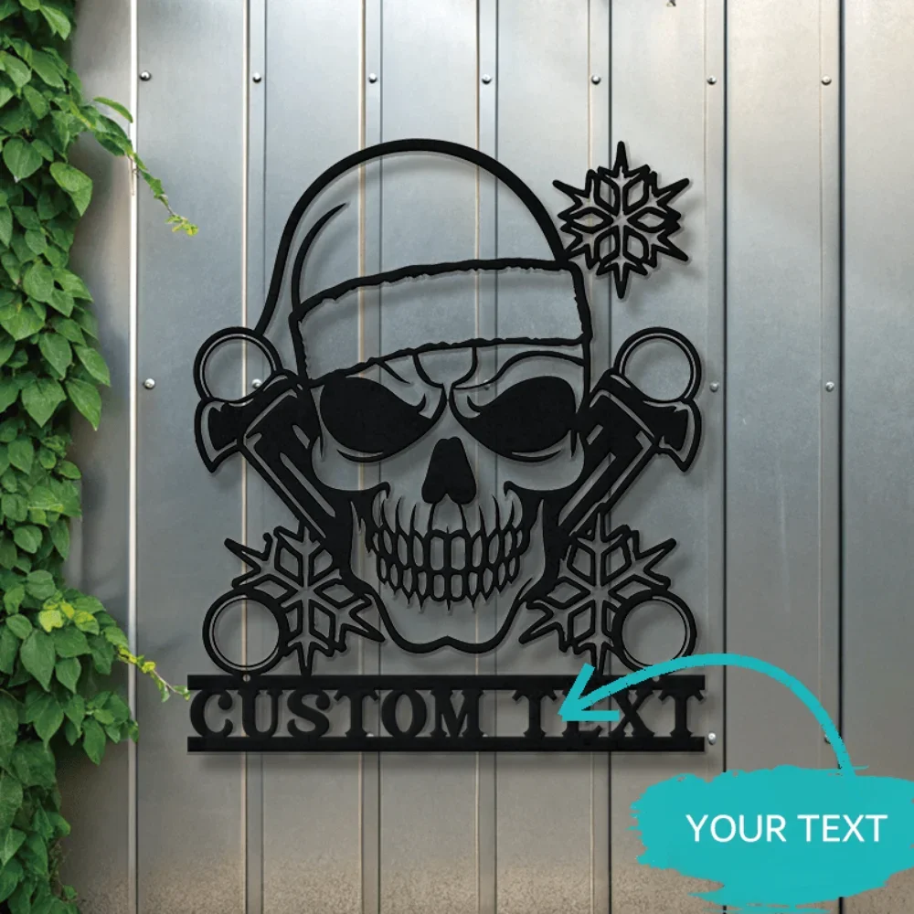 Home Decor,Unique Edgy Custom Skull with Santa Hat Metal Wall Decoration Industrial Punk Aesthetic Monochrome Line Art for Garag