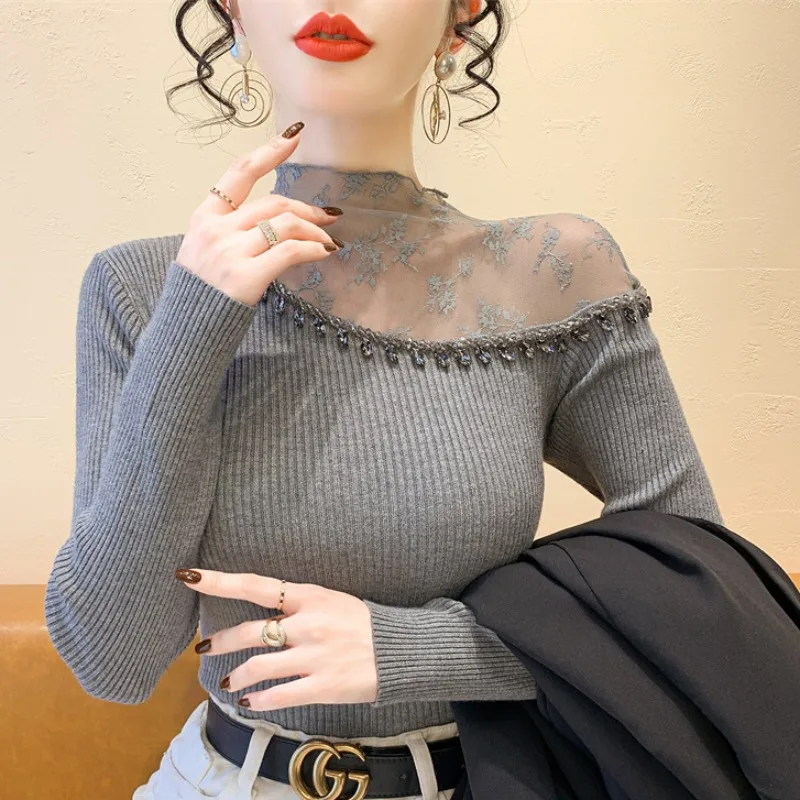 

2025, новинка, европейский, одежда, вязаный, свитер, женский, модный, сексуальный, с воротником-стойкой, выдалбливают, бисер, пэчворк, кружево, длинный рукав, топы, 412127