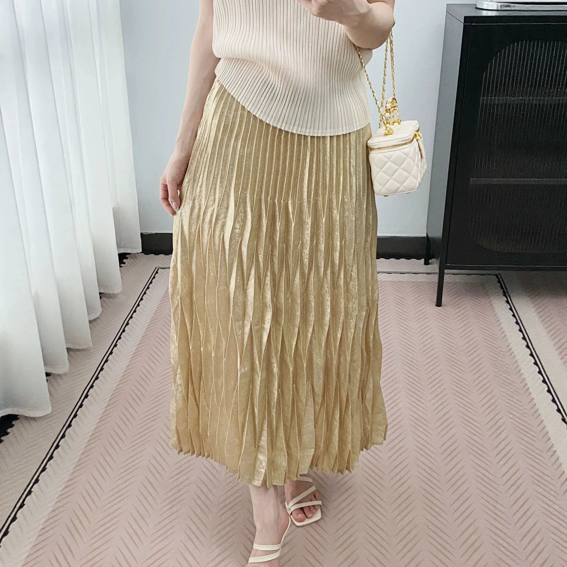 Miyake Metallic Pleated Midi Skirt Women High Waist Diamond Crinkle Wrinkle‑Resistant Loose Flowy Party Casual Long Skirt