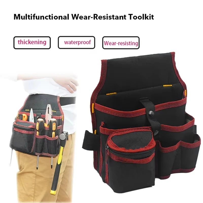 Bolsa de almacenamiento de herramientas multifuncional, cinturón, kit de herramientas para electricista, llave de taladro, destornillador, Hardware, bolsas de herramientas, organizador, negro y rojo