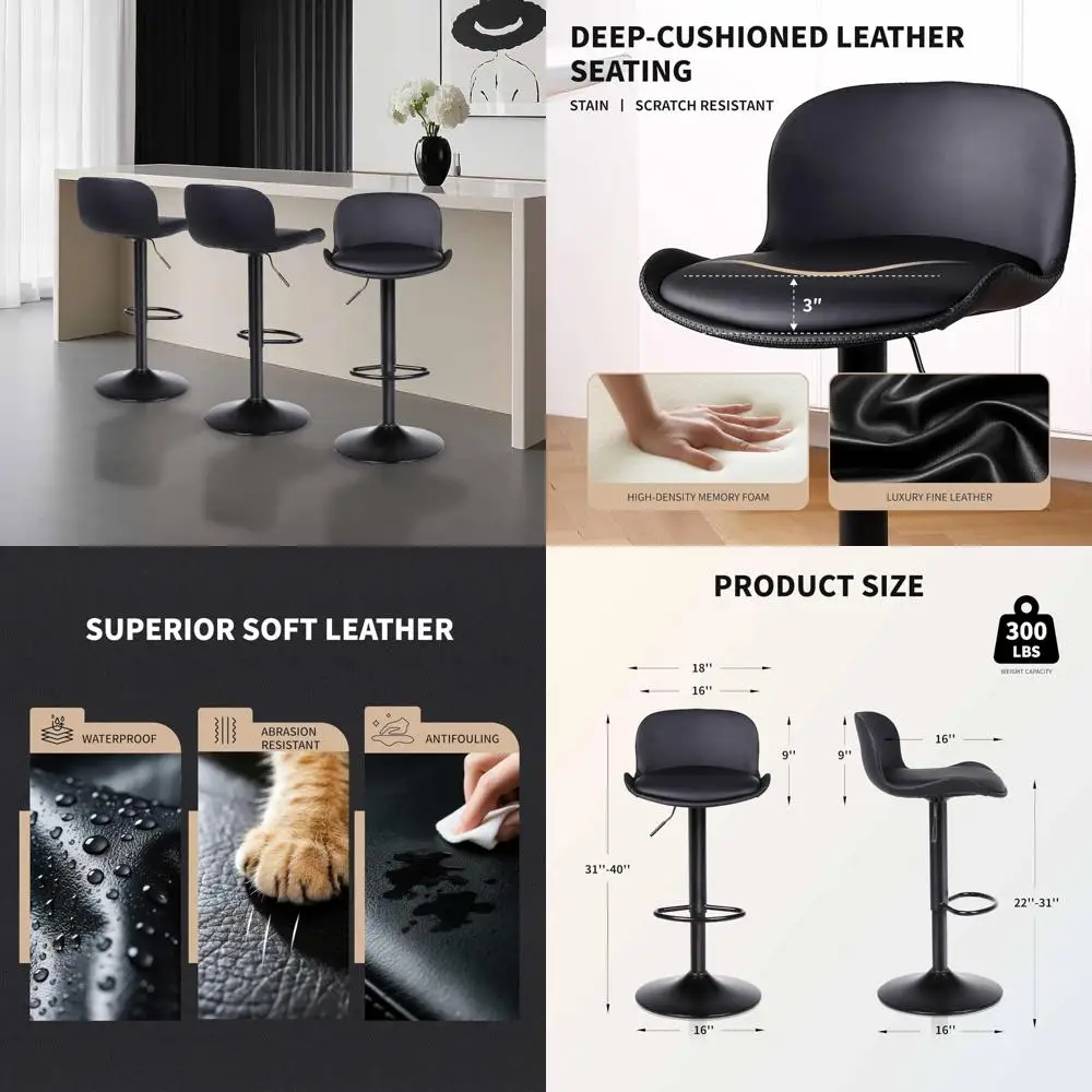 adjustable height leather swivel bar stools set of 3 - cat scratch resistant modern counter height chairs
