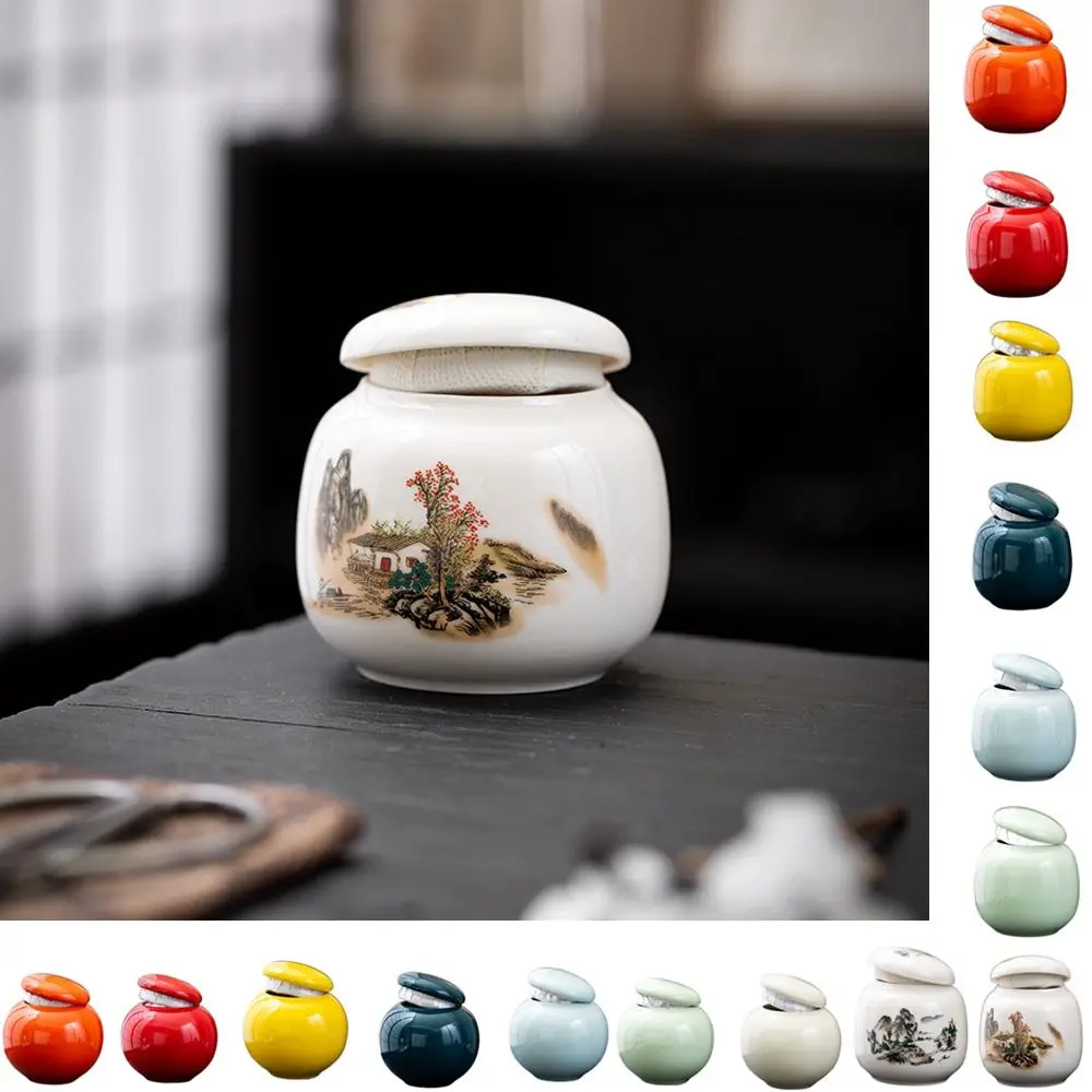 Portable Empty Color Glaze Ceramic Jars Mini Sub-bottling Tea Storage Jar Sealed Tea Box Cosmetic