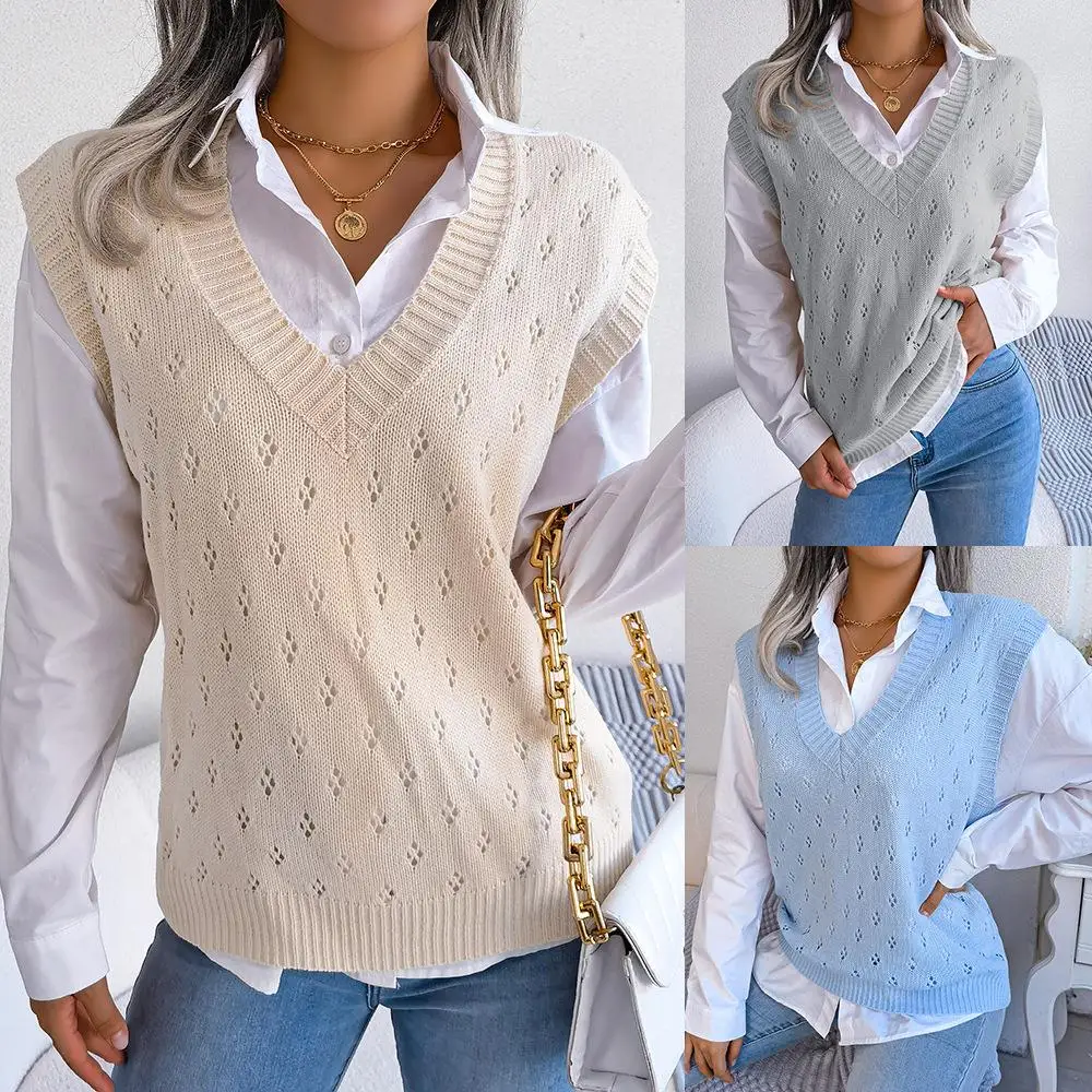 

Осенне-зимний повседневный вязаный жилет с V-образным вырезом без бренда, без рукавов, женская одежда для трансграничной торговли, с ажурным дизайном, удобный крой