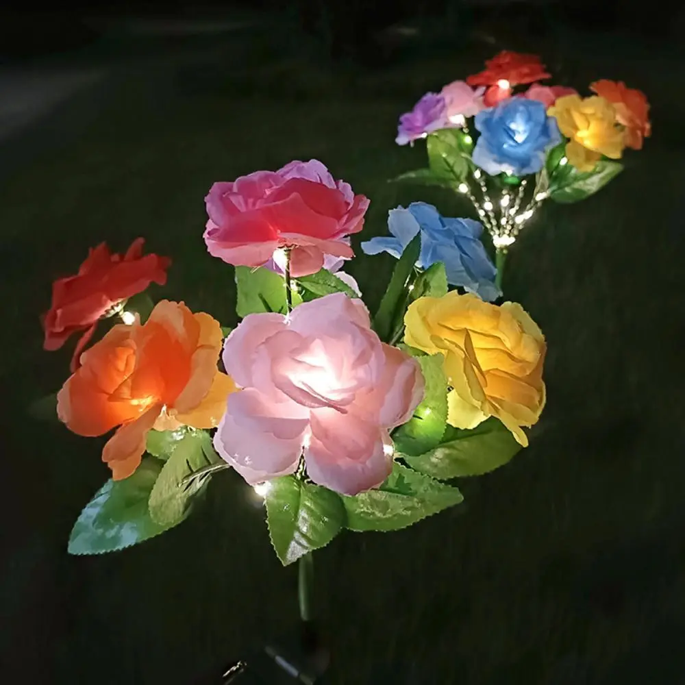 

1 Bundle 7-Head Simulation Rose Flower Light Solar Powered Colorful Garden Solar Lights Ground Inserted LED
