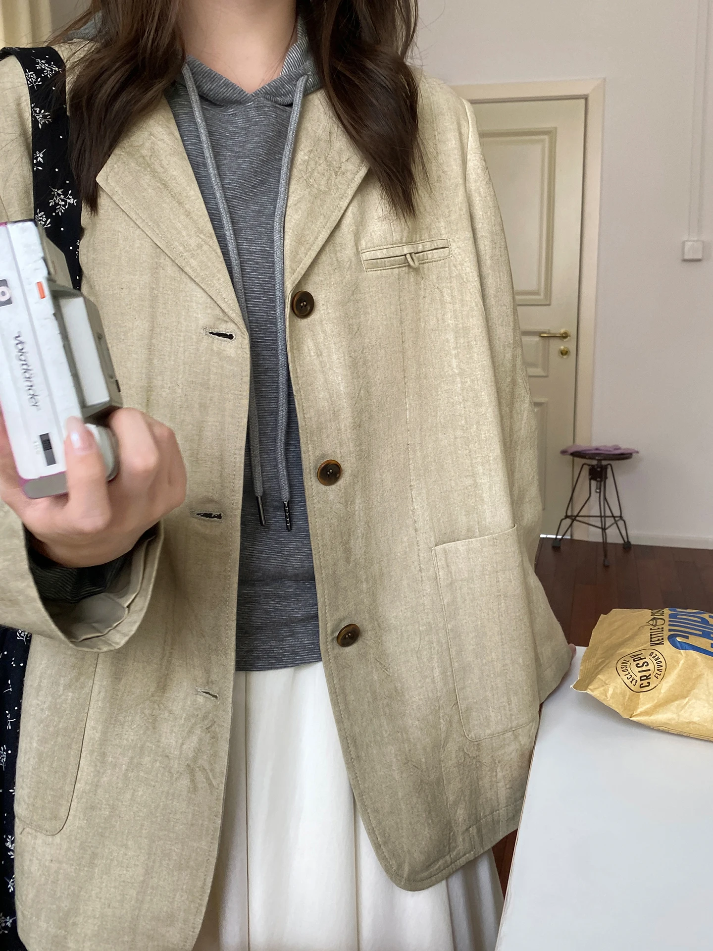 

Женский костюм с текстурой тай-дай, джет с большой нашивкой, новинка 202, осенний повседневный костюм с прямыми штанинами, верхняя одежда