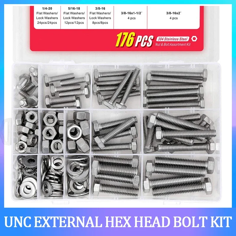 176pcs 1/4-20 5/16-18 3/8-16 UNC Stainless Steel 304 Hex Bolt Screw Set with Nuts Washers Hardware Fastener Repair Kit